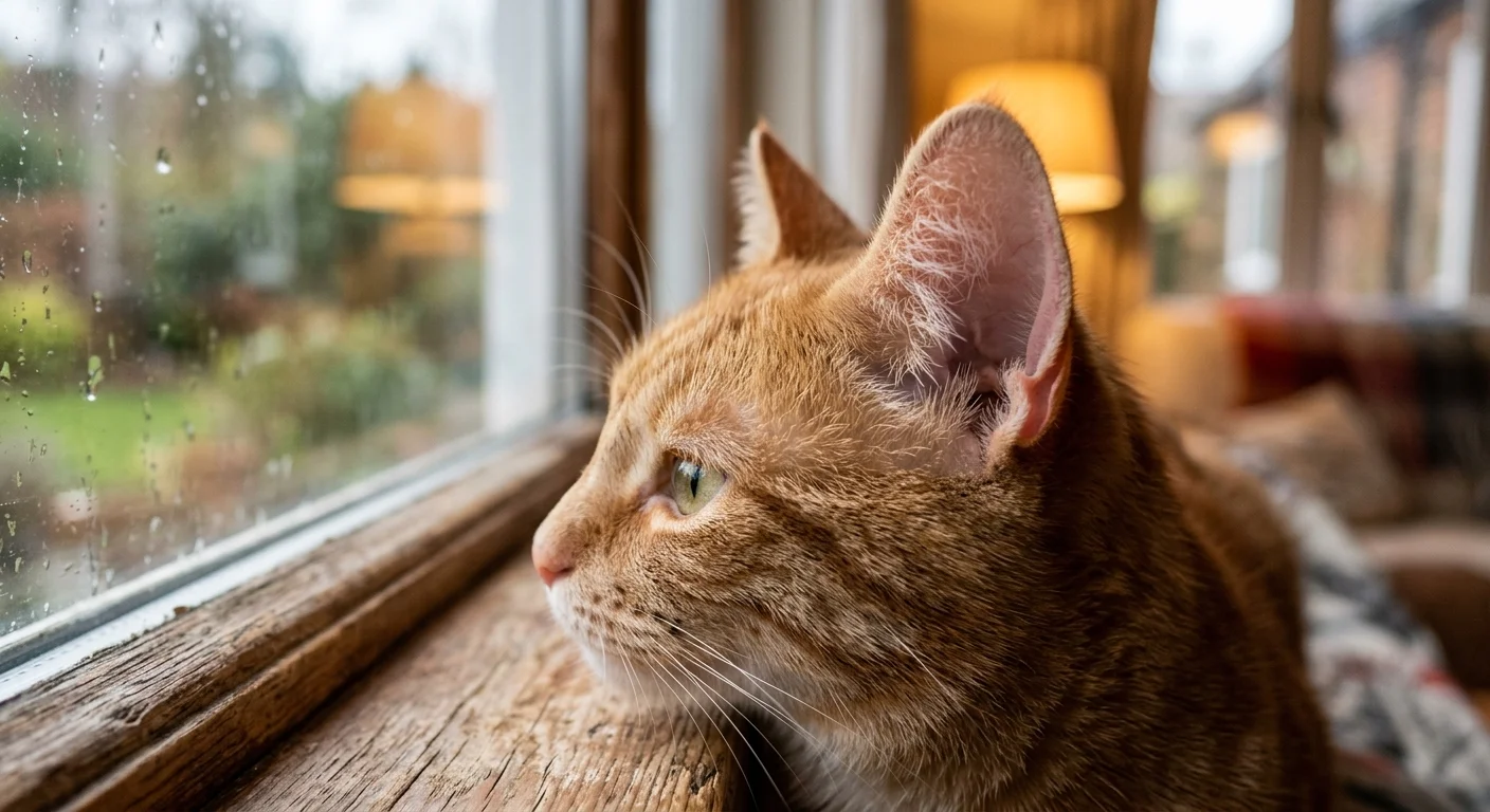 Close-up profile of an orange tabby cat sitting indoors by a rainy window sill with its ear perked.
