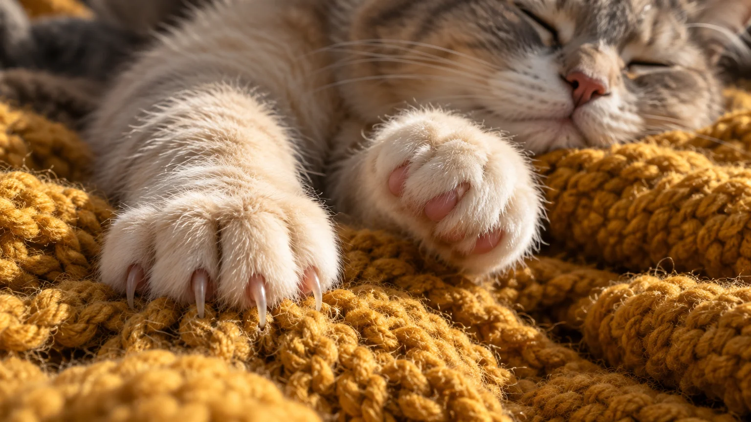 Close-up of a sleeping cat resting its extended front paws and claws on a yellow knit blanket.