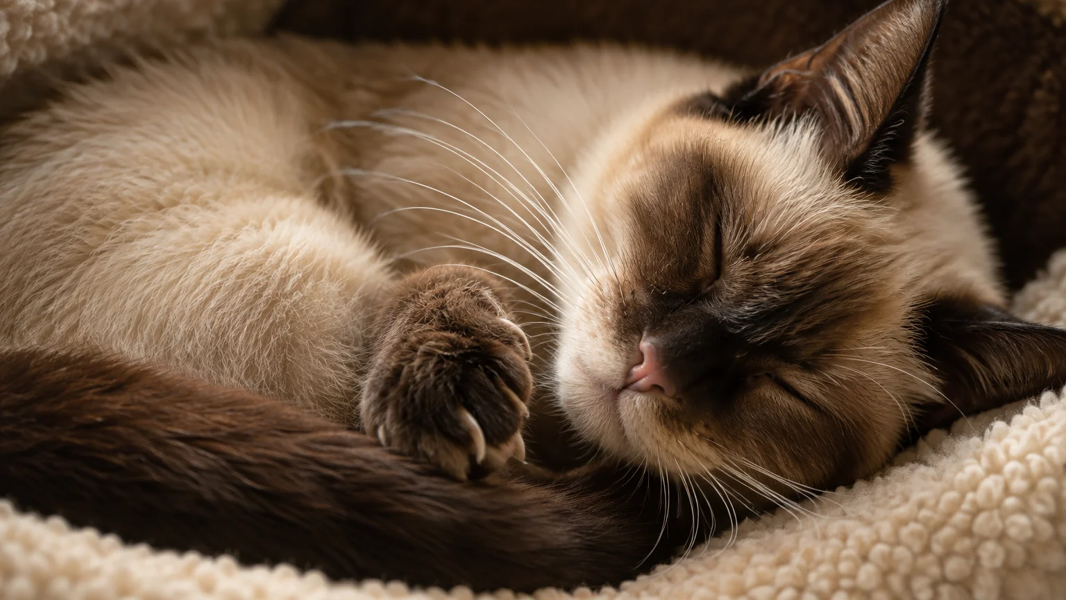 Close-up of a sleeping Siamese cat curled up in a plush fleece bed with eyes closed and paws tucked in.