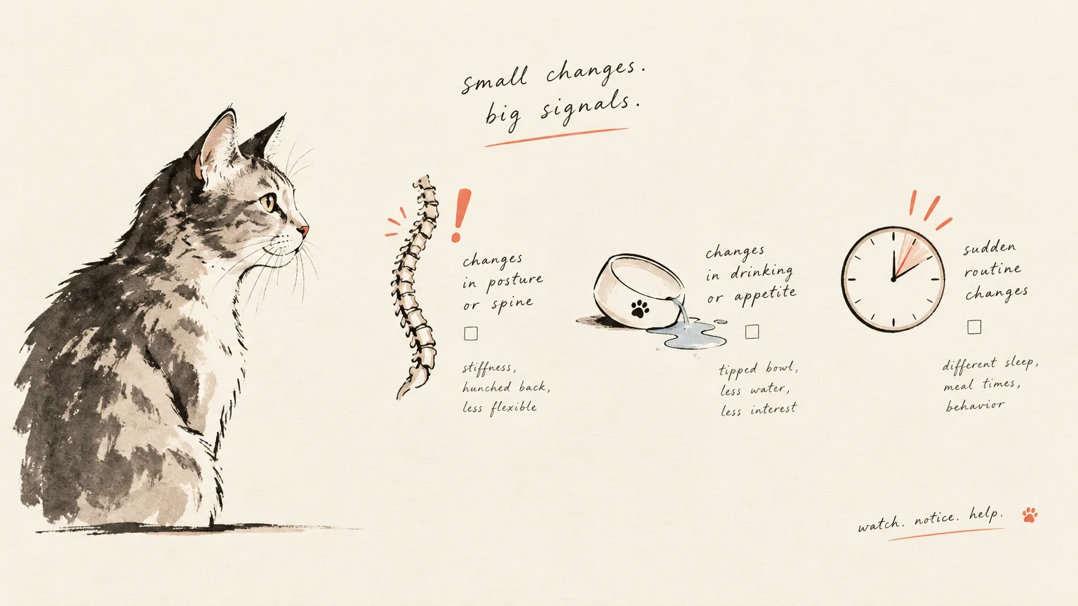 Illustration of a cat beside icons of a spine, spilled water bowl, and clock highlighting aging signs and routine changes.