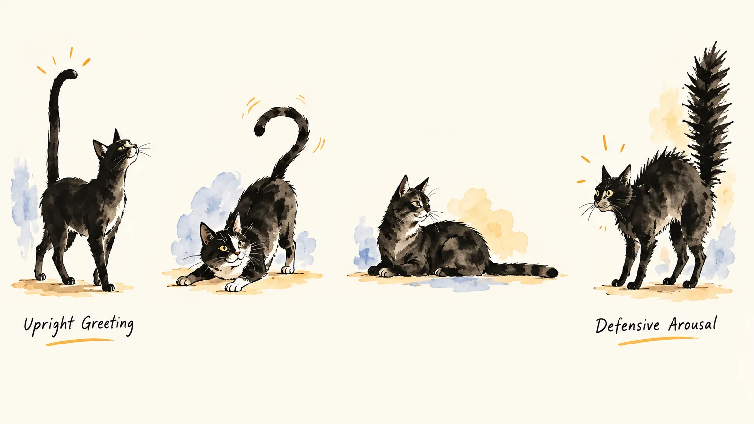 Four watercolor illustrations of a black and white cat displaying different tail postures and body language.