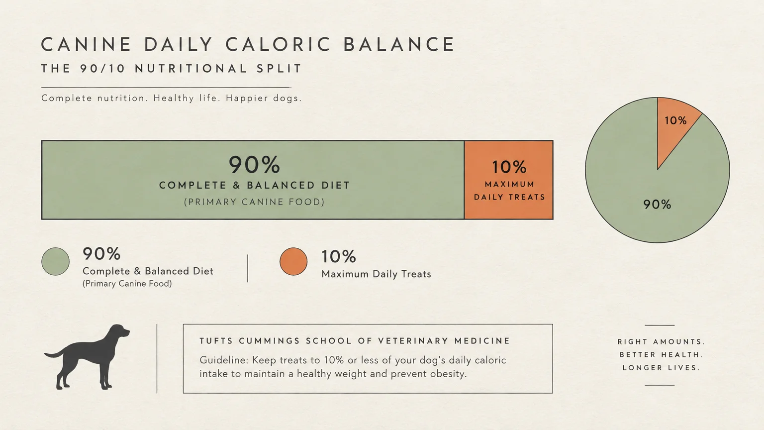 Diagram with a bar chart and pie chart showing a 90 percent primary dog food to 10 percent daily treats ratio.