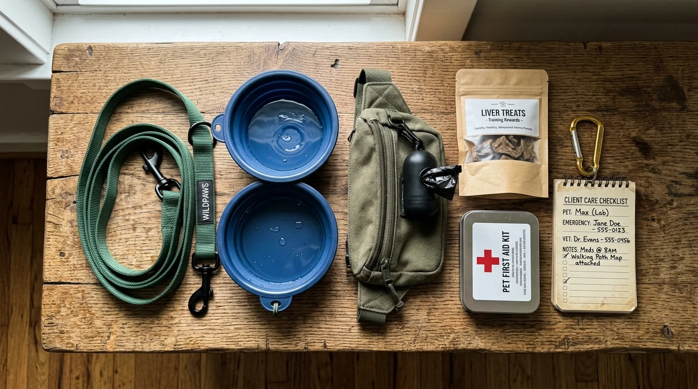Dog-walking gear arranged on wood, including a green leash, blue bowls, waist pack, treats, first aid kit, and checklist.
