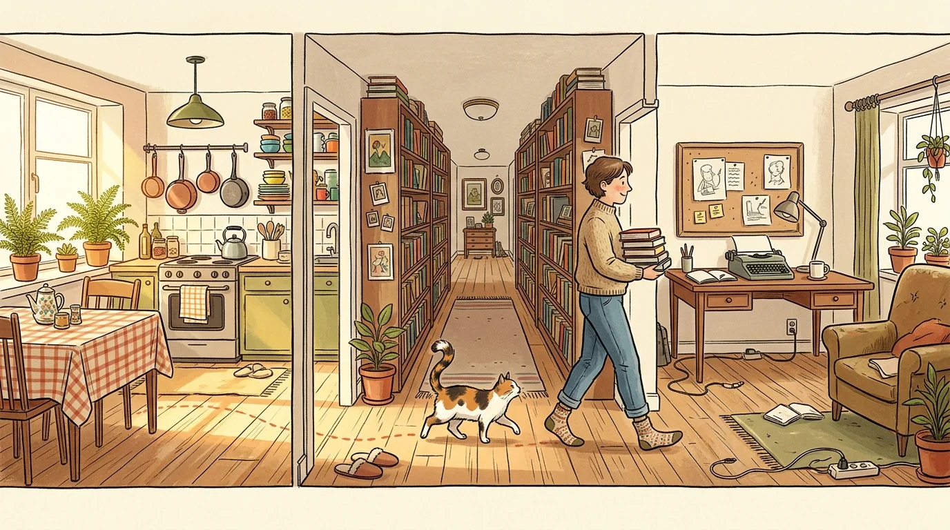 Illustration of a person carrying a stack of books through a hallway, followed closely by a calico cat.