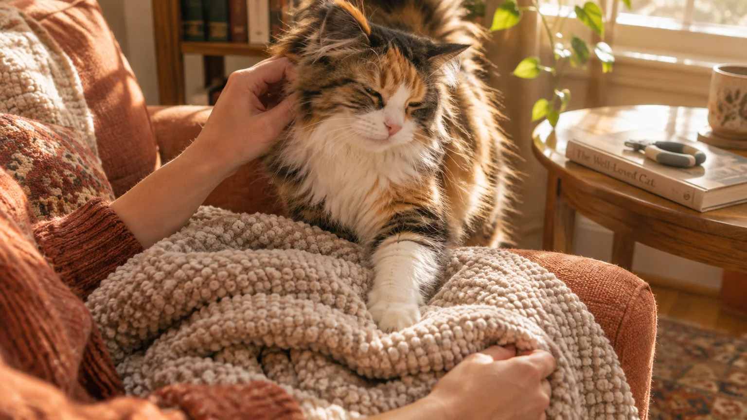 A calico cat kneads a textured blanket on a person's lap while being gently stroked on the head.