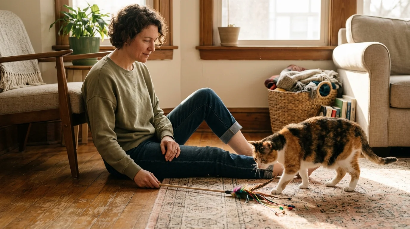 A woman sits on a living room rug playing with a calico cat using a feather wand toy.