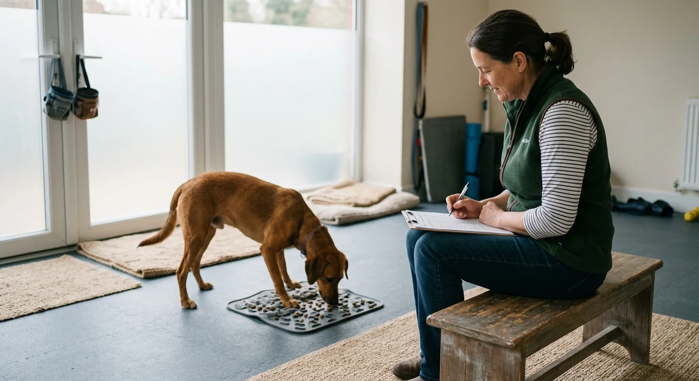 A woman sitting on a wooden bench takes notes on a clipboard while observing a brown dog eating from a lick mat.