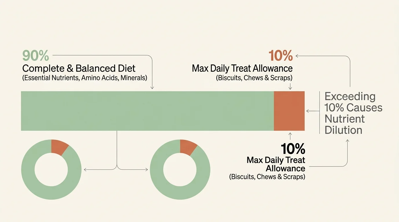 Bar and donut charts illustrating a 90% balanced diet alongside a 10% maximum daily treat allowance.
