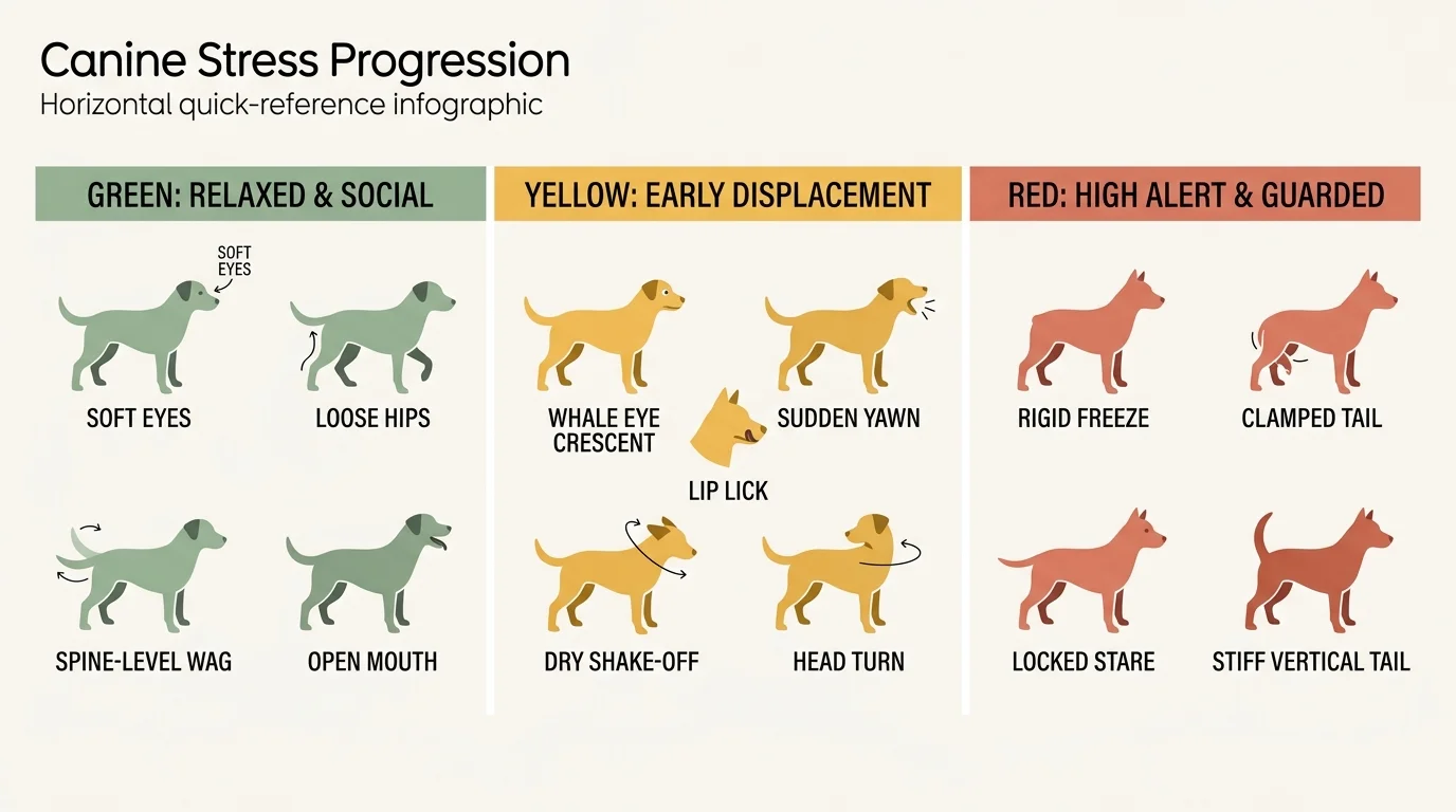 Canine Stress Progression infographic showing dog silhouettes in green, yellow, and red columns illustrating postures.