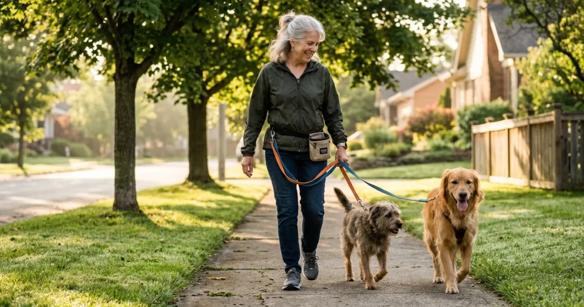 Smiling older woman walking a golden retriever and a small scruffy dog on leashes along a sunny suburban sidewalk.