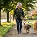 Smiling older woman walking a golden retriever and a small scruffy dog on leashes along a sunny suburban sidewalk.