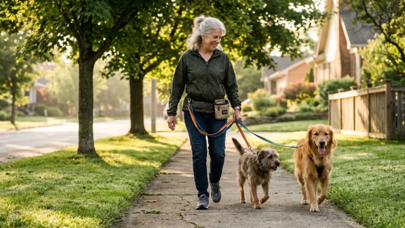 Smiling older woman walking a golden retriever and a small scruffy dog on leashes along a sunny suburban sidewalk.