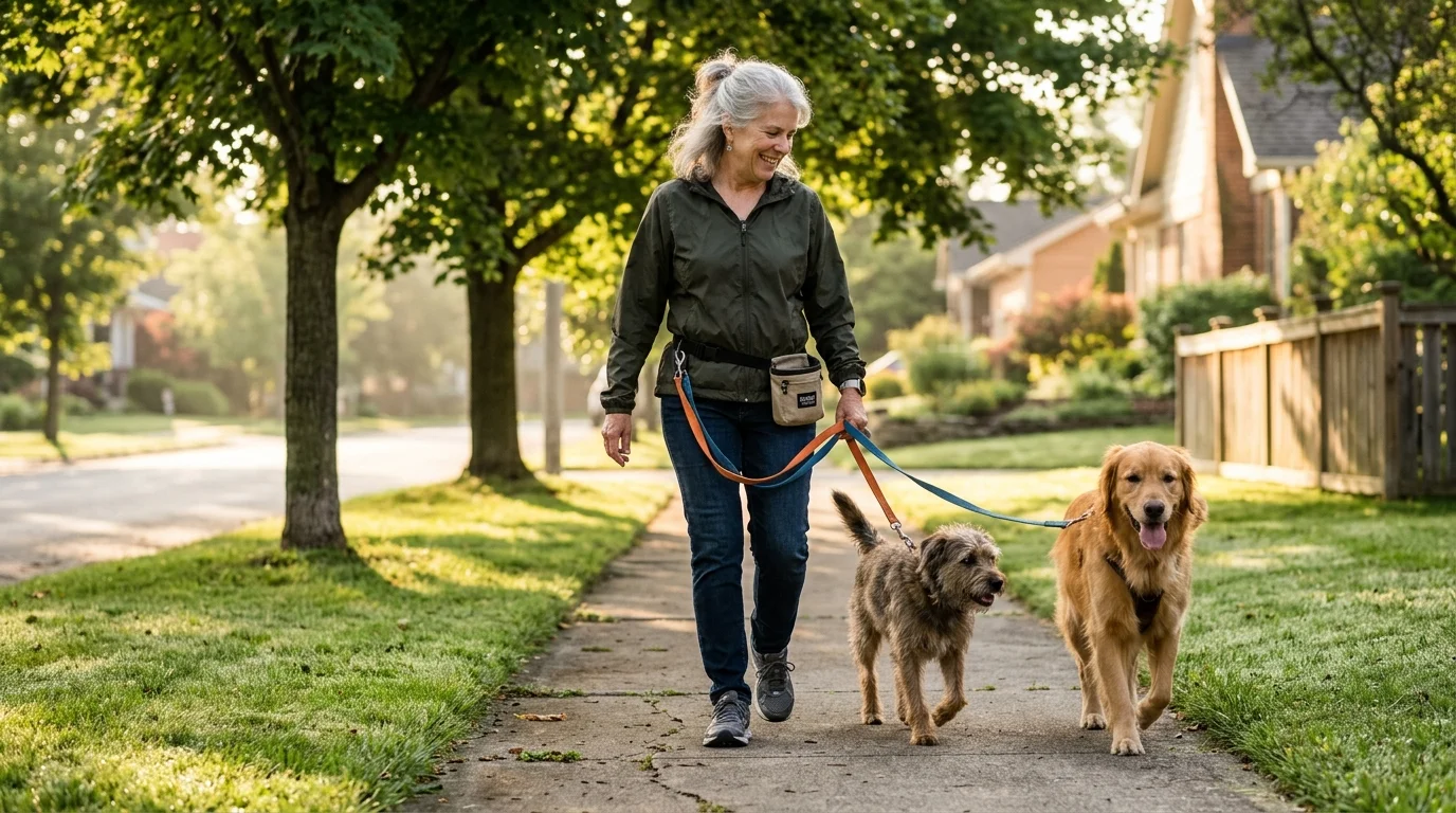 Smiling older woman walking a golden retriever and a small scruffy dog on leashes along a sunny suburban sidewalk.