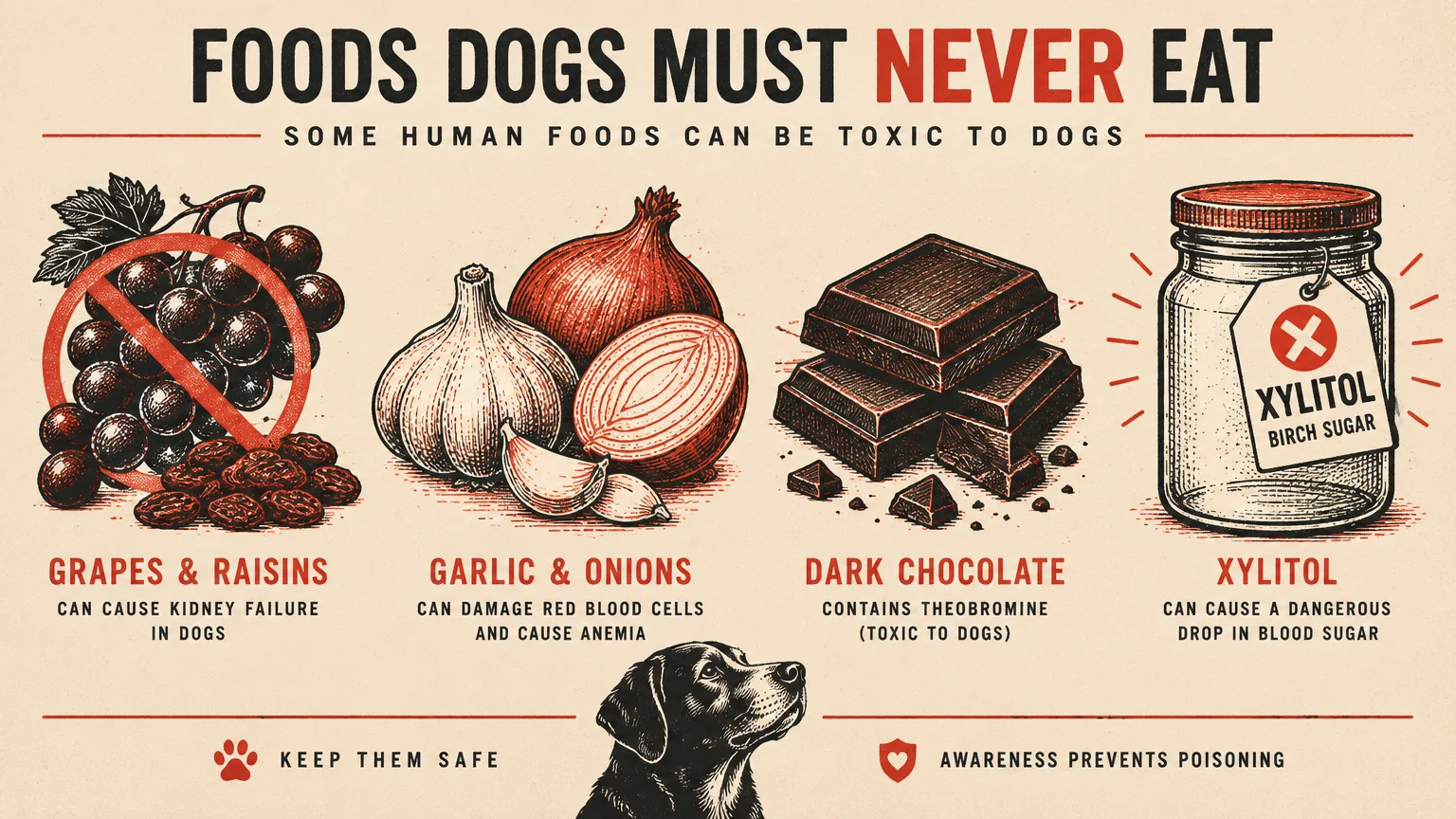 Poster illustrating foods toxic to dogs: grapes and raisins, garlic and onions, dark chocolate, and xylitol sweetener.