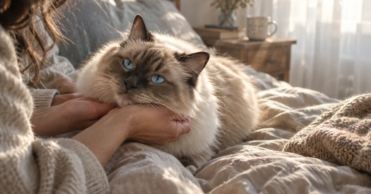 A fluffy, blue-eyed Ragdoll cat rests its chin in a person's hands while lying on a bed in soft morning light.