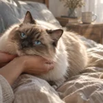 A fluffy, blue-eyed Ragdoll cat rests its chin in a person's hands while lying on a bed in soft morning light.