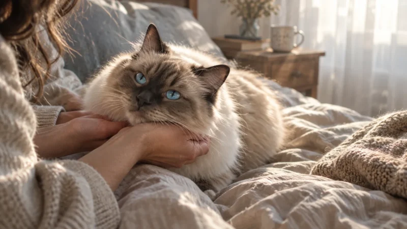 A fluffy, blue-eyed Ragdoll cat rests its chin in a person's hands while lying on a bed in soft morning light.