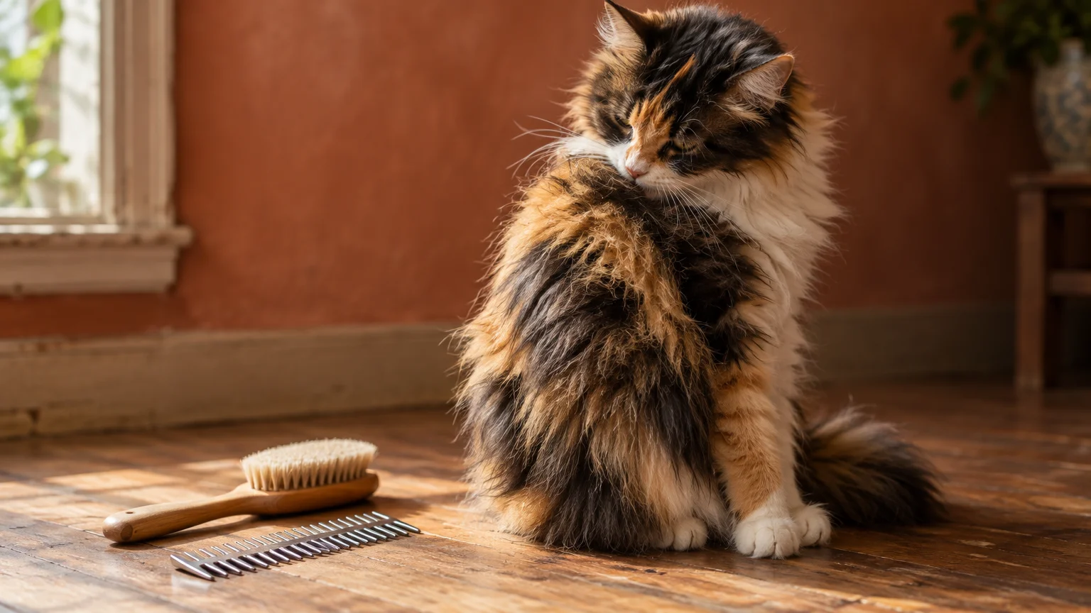 A fluffy calico cat sits on a wooden floor next to a wooden bristled brush and a metal grooming comb.