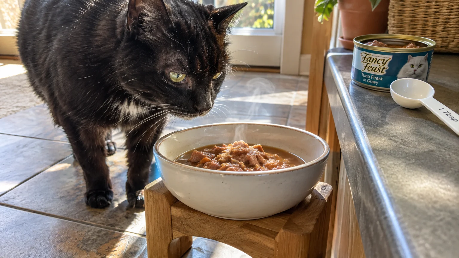 A black cat approaches a ceramic bowl of steaming wet food set on an elevated wooden stand.