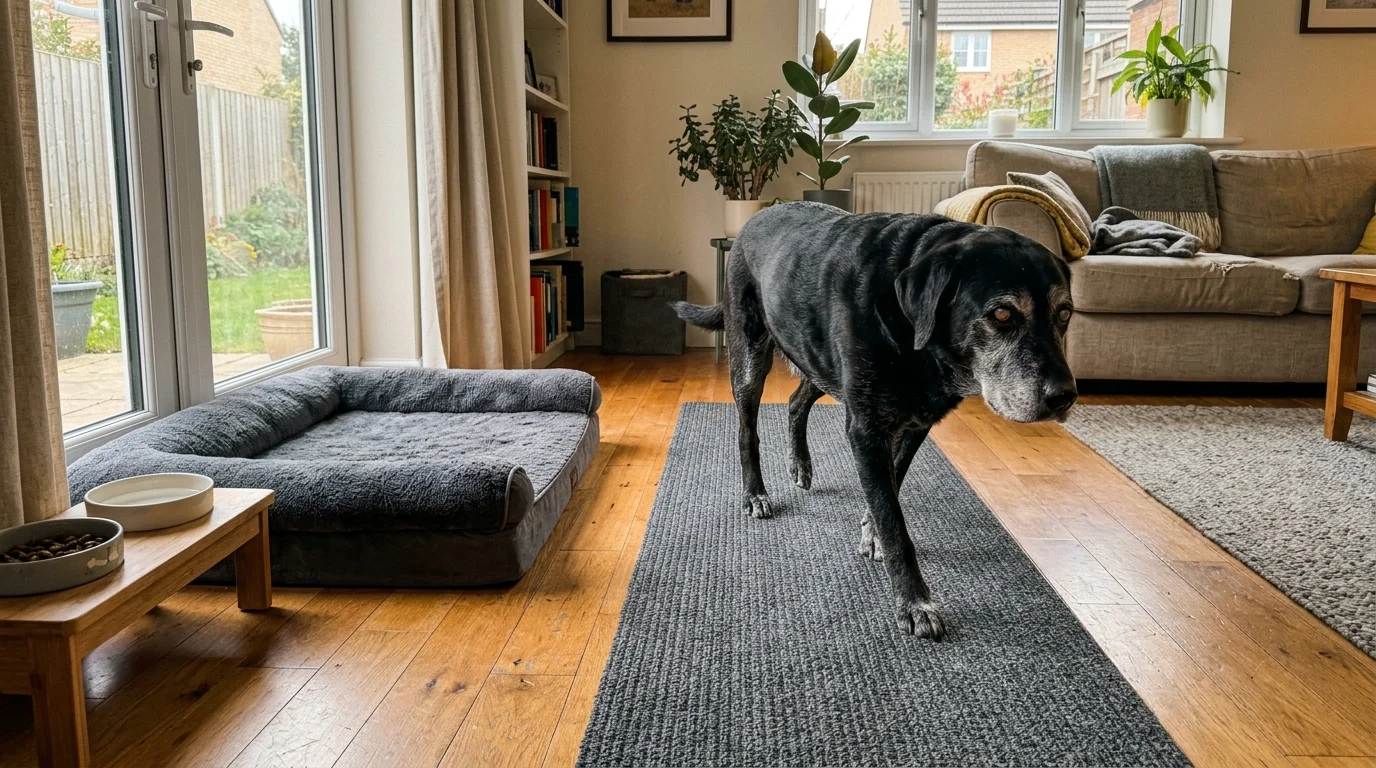 An older black dog walks along a gray runner rug on a wooden floor between an orthopedic bed and the living room.