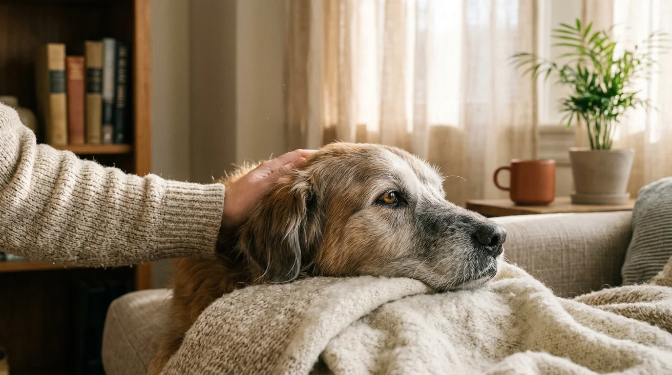 A senior dog rests its head on a cozy blanket on a sofa while a person gently pets its head.