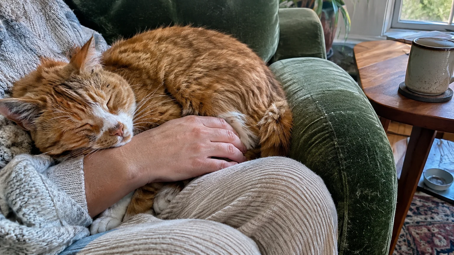 An orange and white cat curls up asleep in a person's lap on a green velvet armchair.