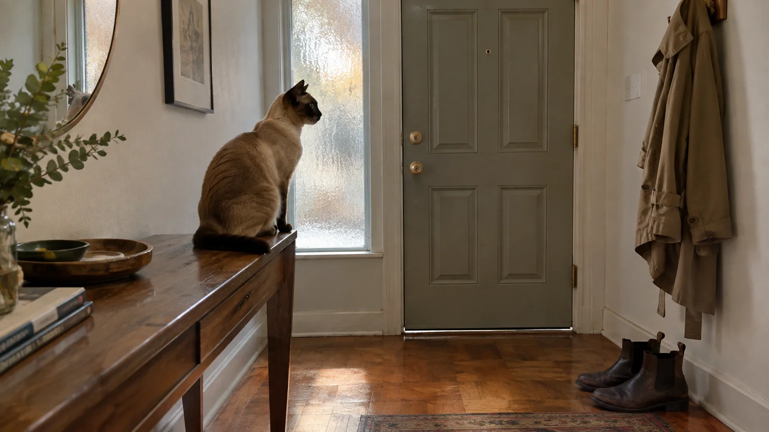 A Siamese cat sits on a wooden console table in an entryway, looking out a window beside a closed front door.