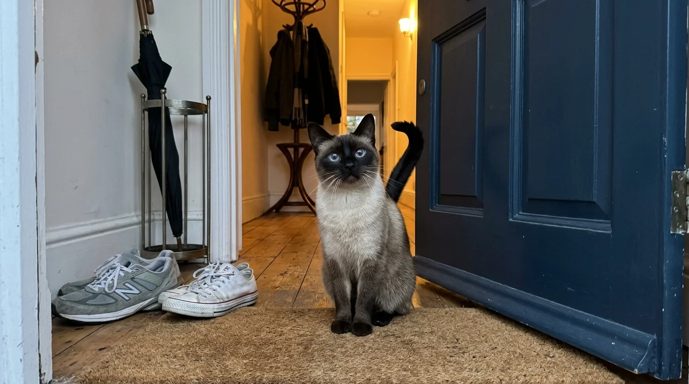 A Siamese cat sits attentively on a doormat by an open blue front door in a hallway with shoes nearby.