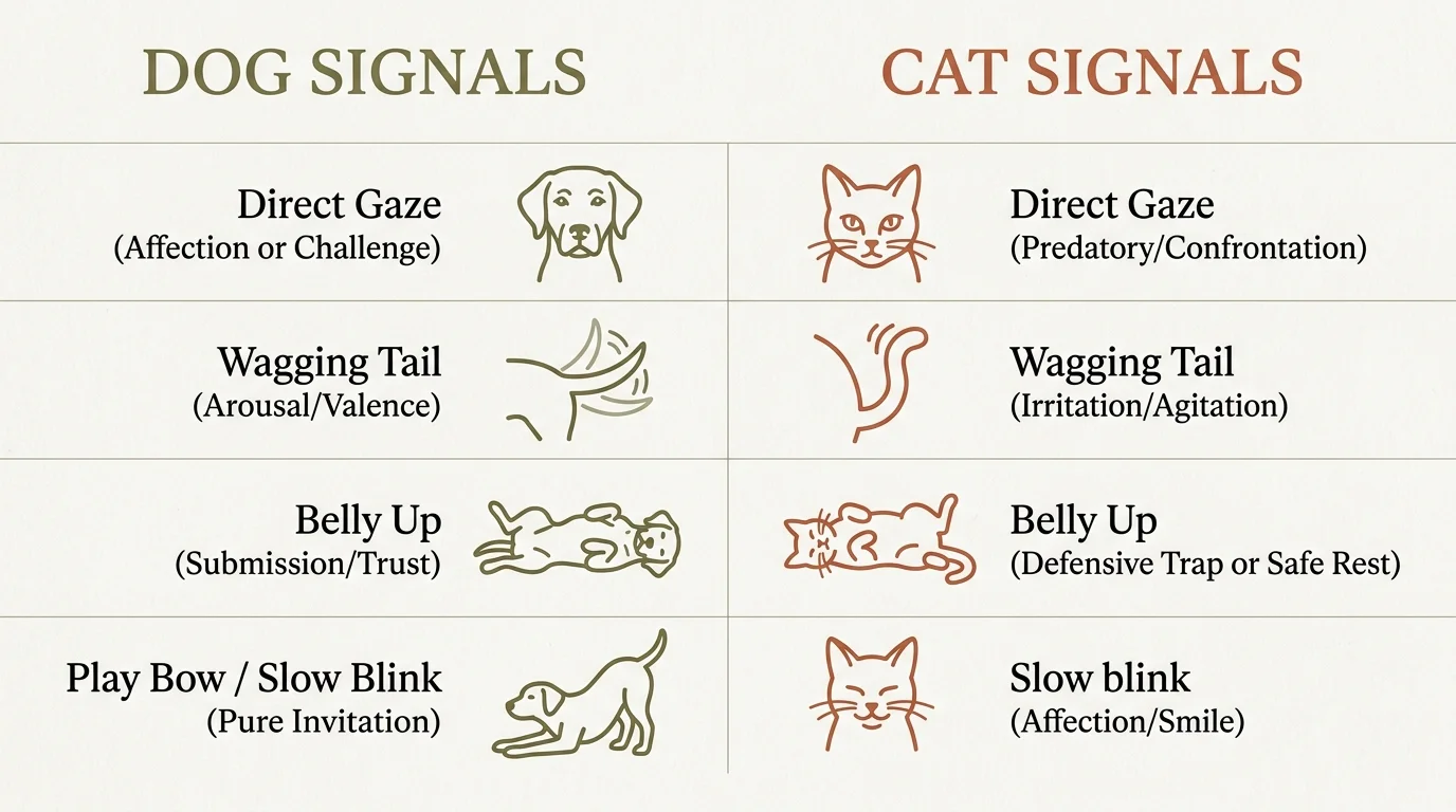Chart comparing dog and cat signals side-by-side with line icons for direct gaze, wagging tail, belly up, and slow blink.