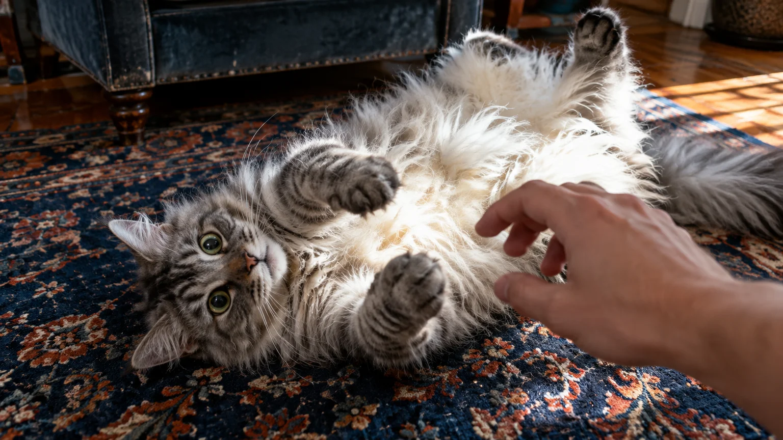 A fluffy tabby cat lies on its back on an ornate rug as a human hand reaches toward its belly.