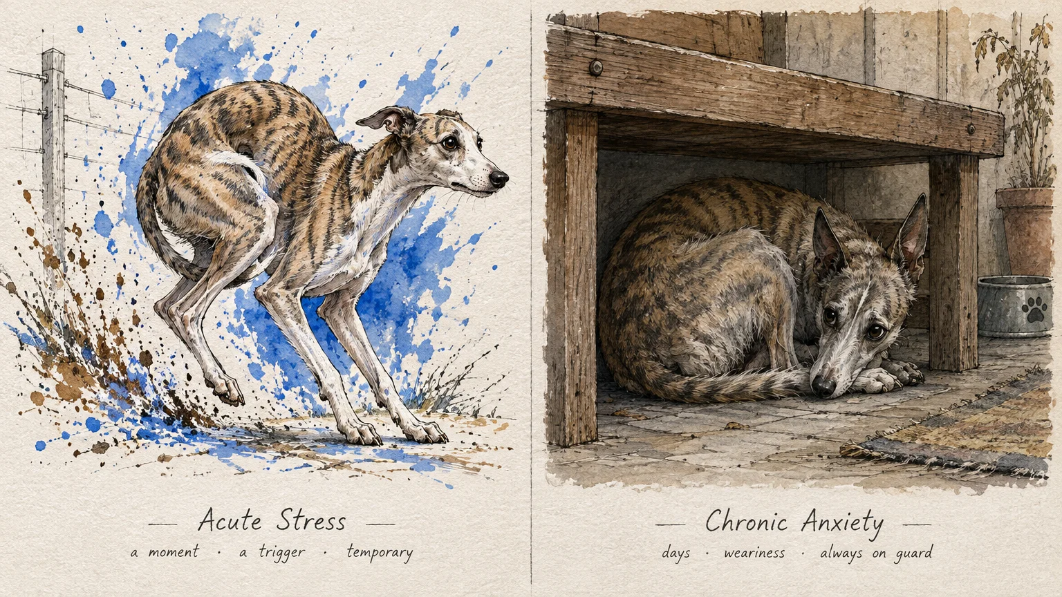 Watercolor diptych comparing an alert leaping brindle dog labeled Acute Stress with a curled dog labeled Chronic Anxiety.