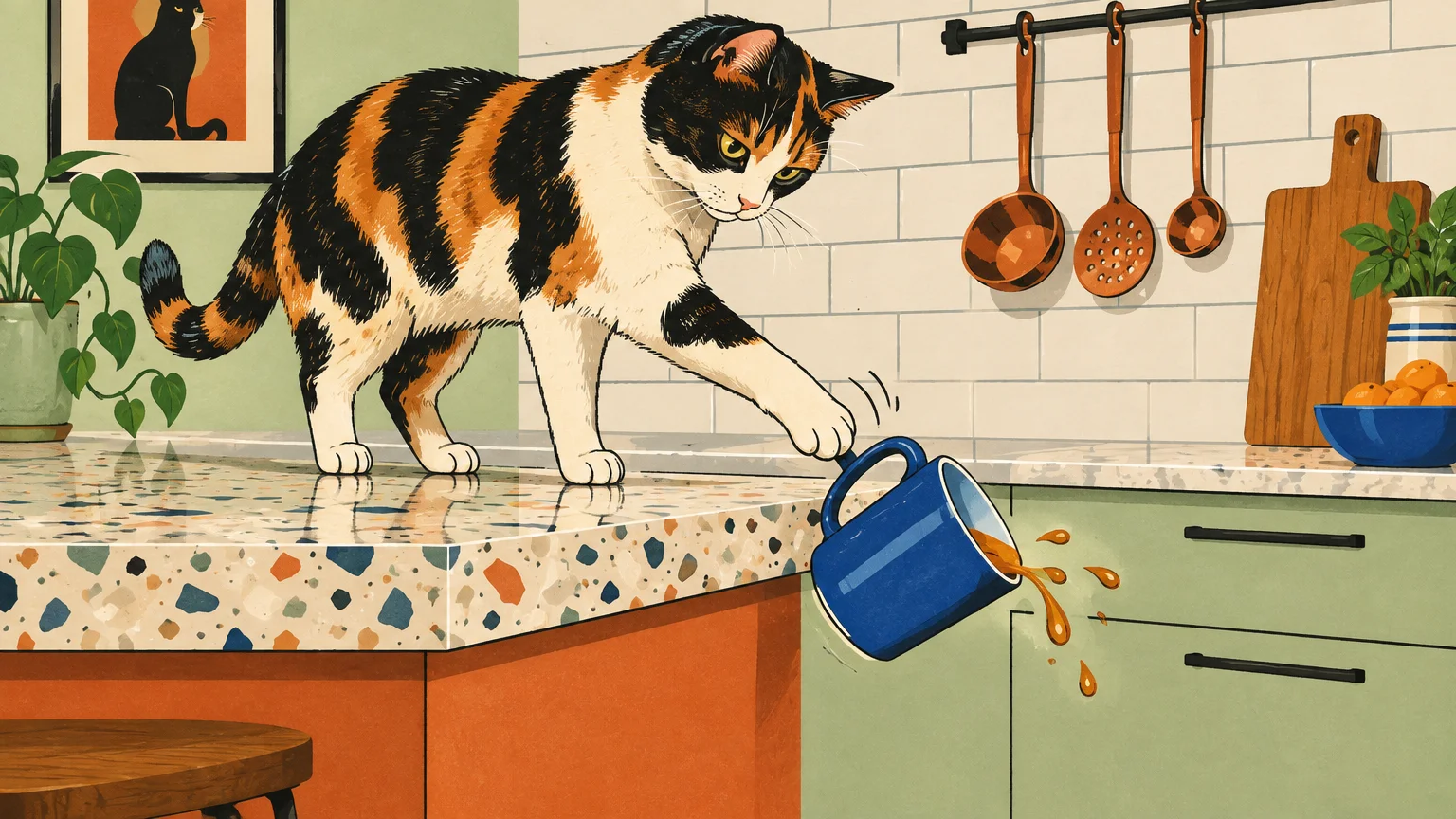 Illustration of a calico cat pushing a blue coffee mug off a kitchen counter, spilling brown liquid.