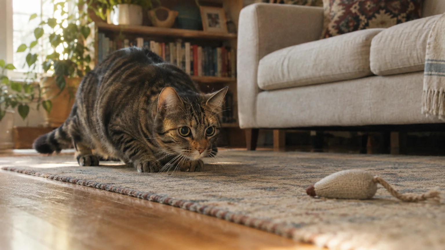 A tabby cat crouches low on an indoor rug, stalking a small fabric toy mouse in a living room.