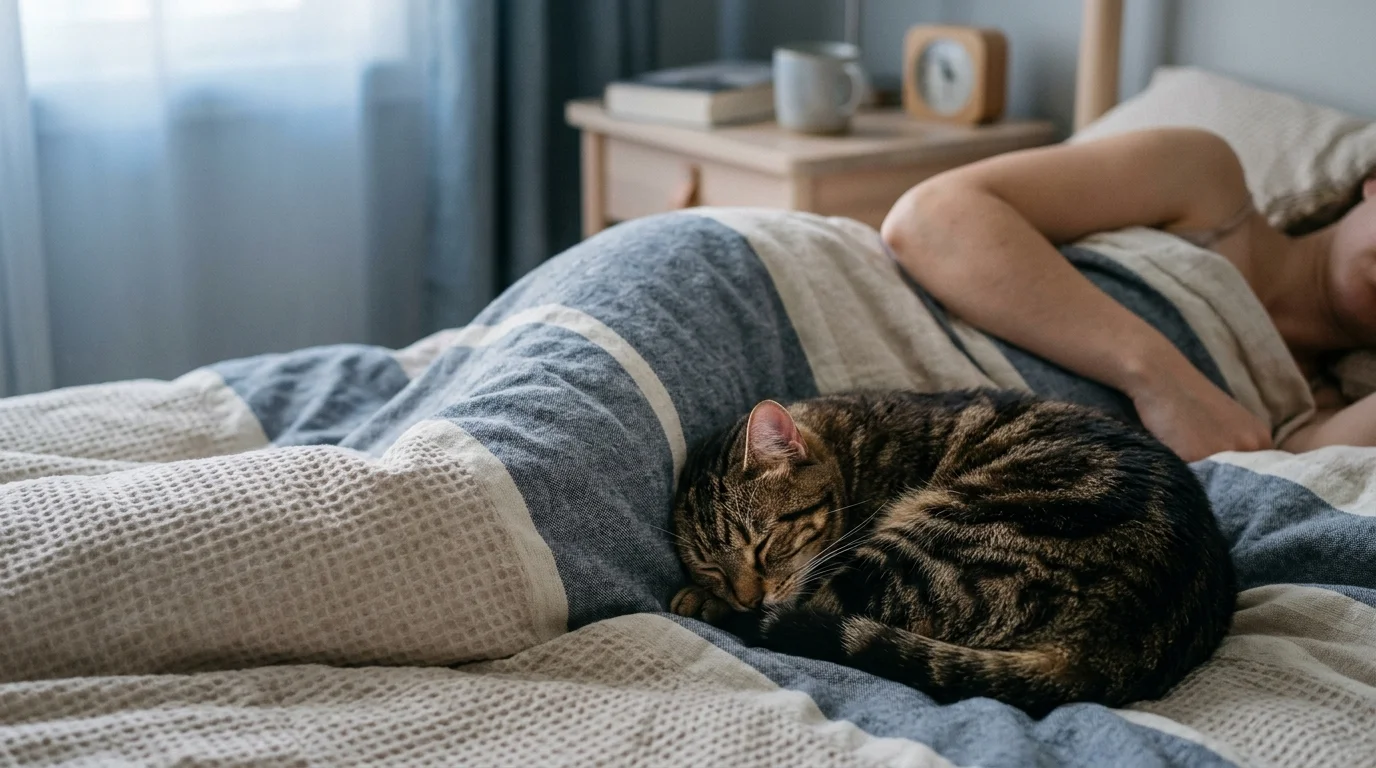 A tabby cat curled up asleep on a bed beside a resting person covered by a blanket.