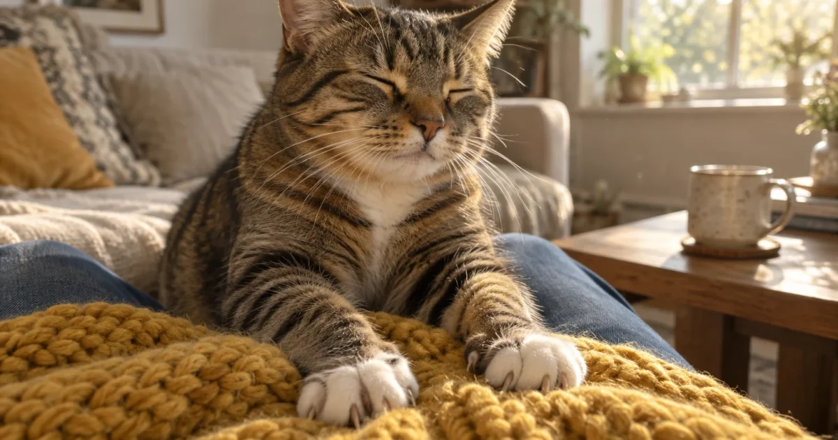 Tabby cat with closed eyes kneads its paws on a yellow knit blanket while resting on a person's lap.