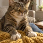 Tabby cat with closed eyes kneads its paws on a yellow knit blanket while resting on a person's lap.