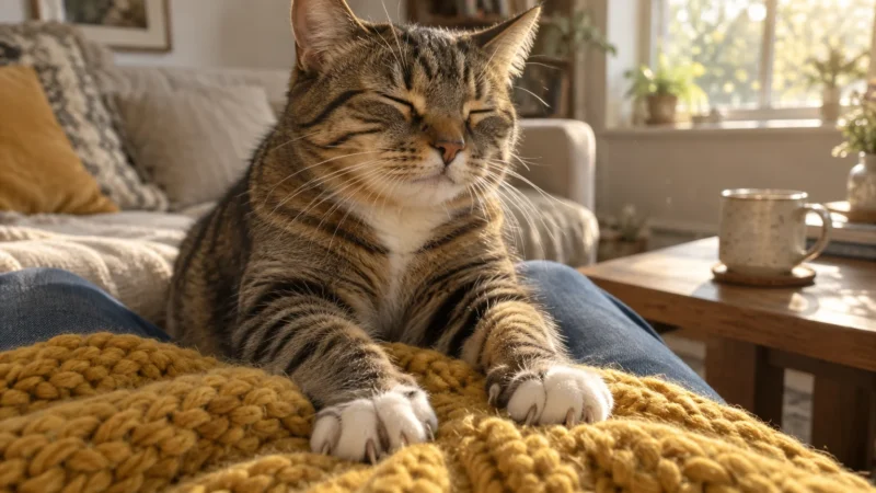 Tabby cat with closed eyes kneads its paws on a yellow knit blanket while resting on a person's lap.
