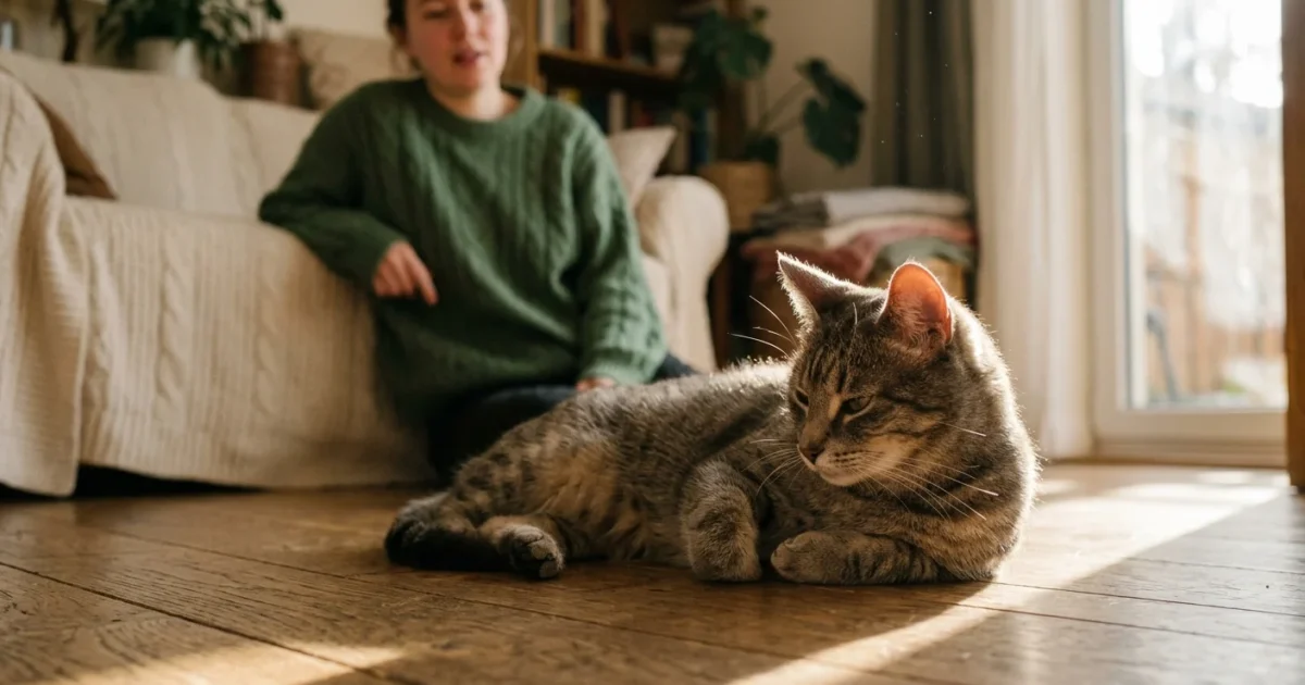 Tabby cat resting on a wooden floor in the sunlight while a woman sits in the background.