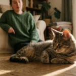 Tabby cat resting on a wooden floor in the sunlight while a woman sits in the background.