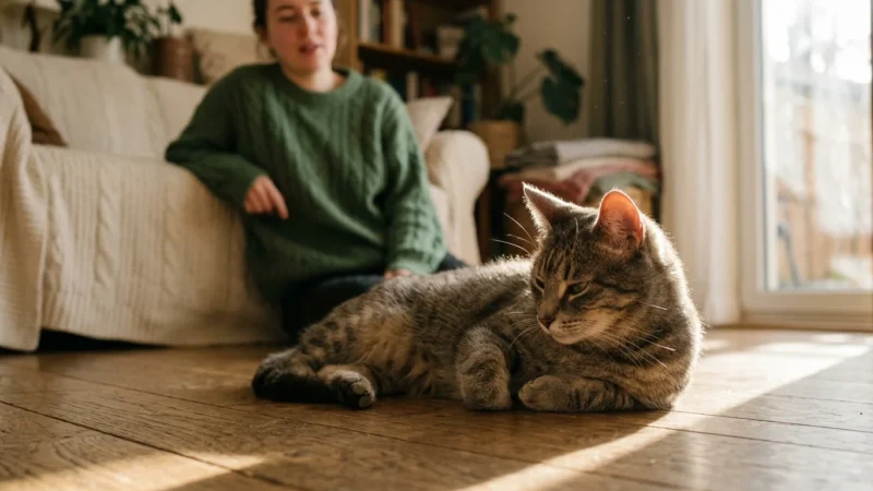 Tabby cat resting on a wooden floor in the sunlight while a woman sits in the background.