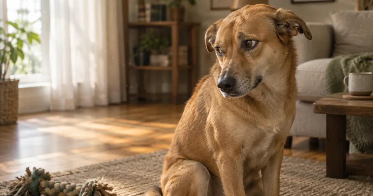 A brown dog sits on a living room rug next to a rope toy, looking sideways with tense, wide eyes.
