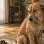 A brown dog sits on a living room rug next to a rope toy, looking sideways with tense, wide eyes.
