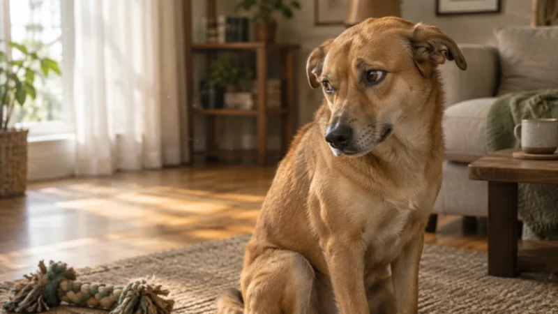 A brown dog sits on a living room rug next to a rope toy, looking sideways with tense, wide eyes.