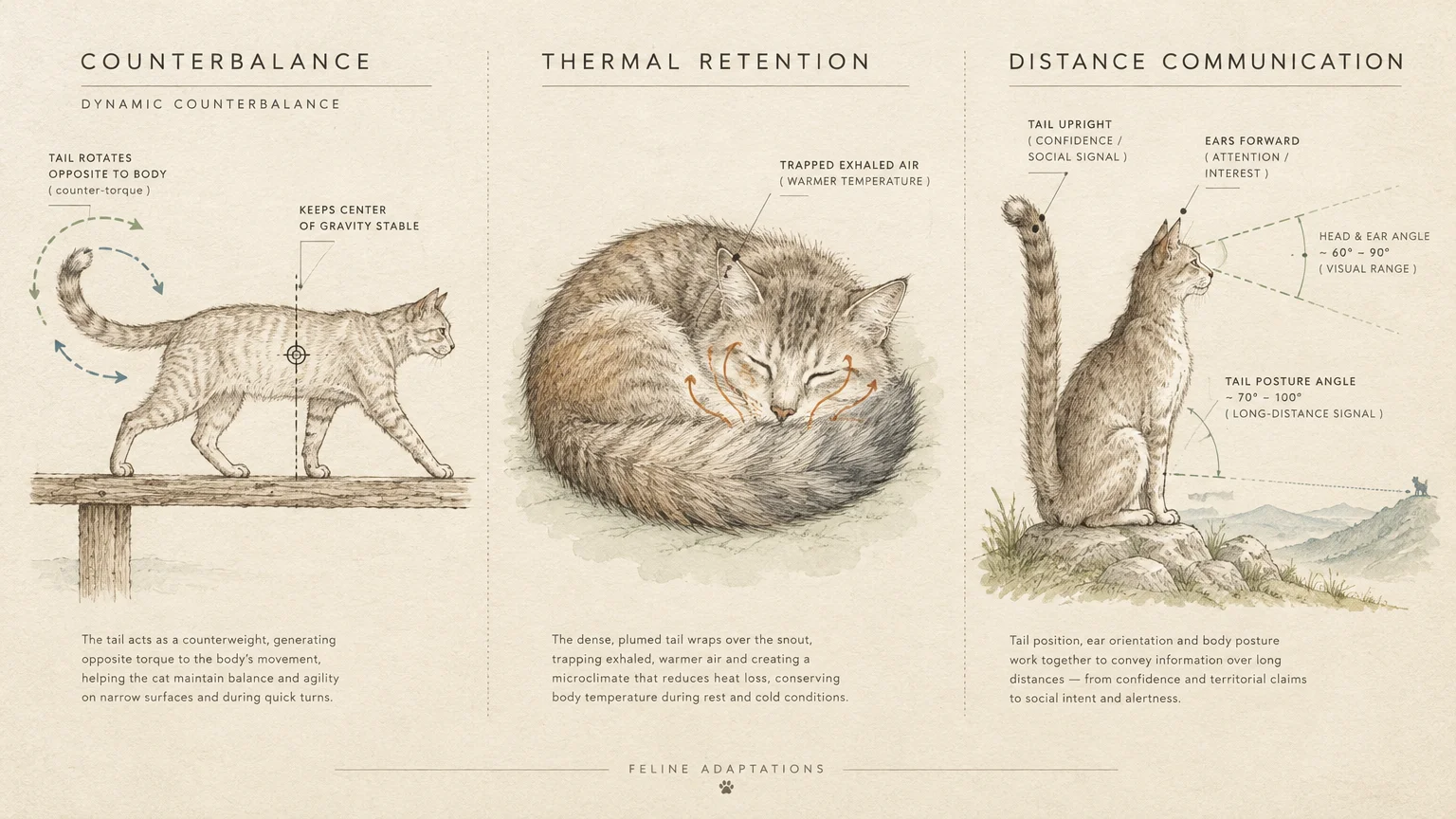 Diagram illustrating feline adaptations: tail counterbalance on a narrow beam, thermal retention while curled, and signals.