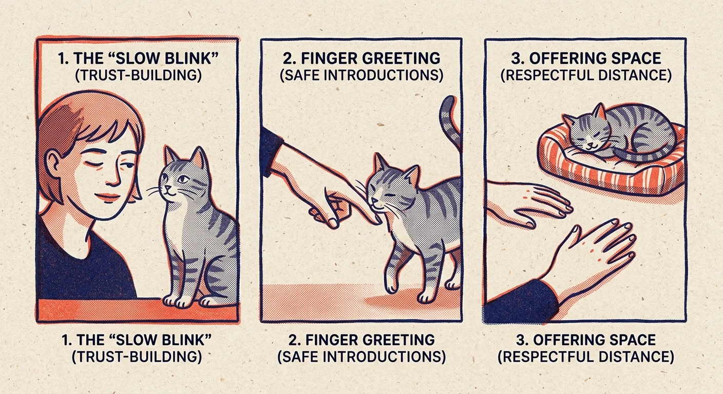 Three-panel comic showing cat communication steps: slow blinking, finger sniffing, and giving space to a resting cat.
