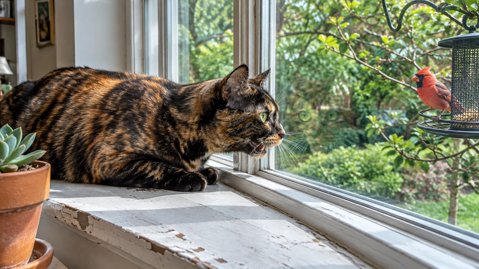 A tortoiseshell cat crouches on a windowsill with its mouth open, watching a red cardinal on an outside bird feeder.