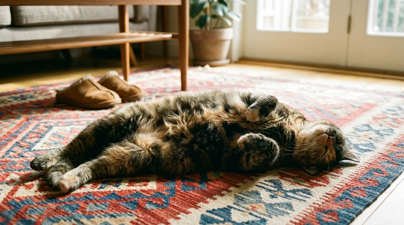 Brown tabby cat lying on its back with its belly exposed on a patterned rug indoors next to slippers.