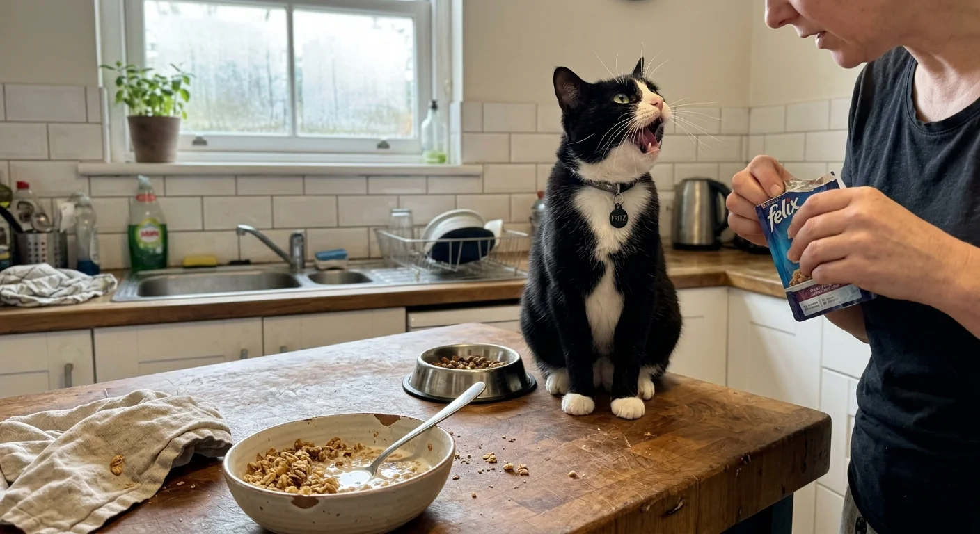 A black-and-white cat meows on a kitchen counter next to its food bowl as a person opens a pouch of wet food.