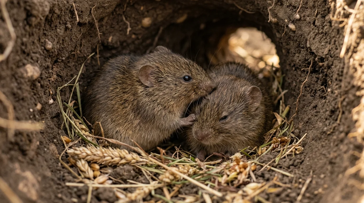 Two small brown rodents huddle together inside an underground burrow lined with dry grass and grains.