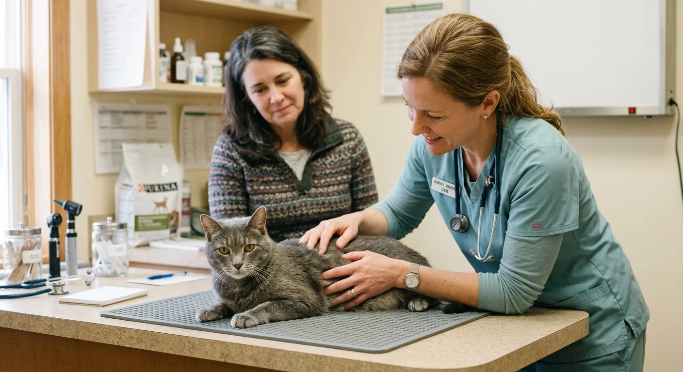 A female veterinarian gently examines a gray cat lying on an exam table beside its owner.